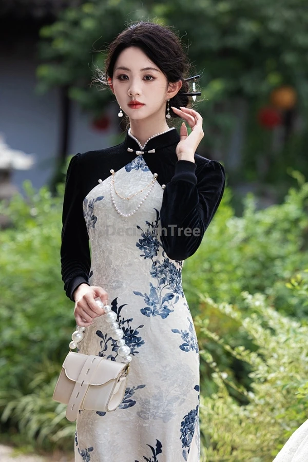 

2025 элегантный жемчужный воротник, изысканный женский ципао, китайский винтажный традиционный ципао с жемчужной пуговицей, модный темпераментный Cheongsam