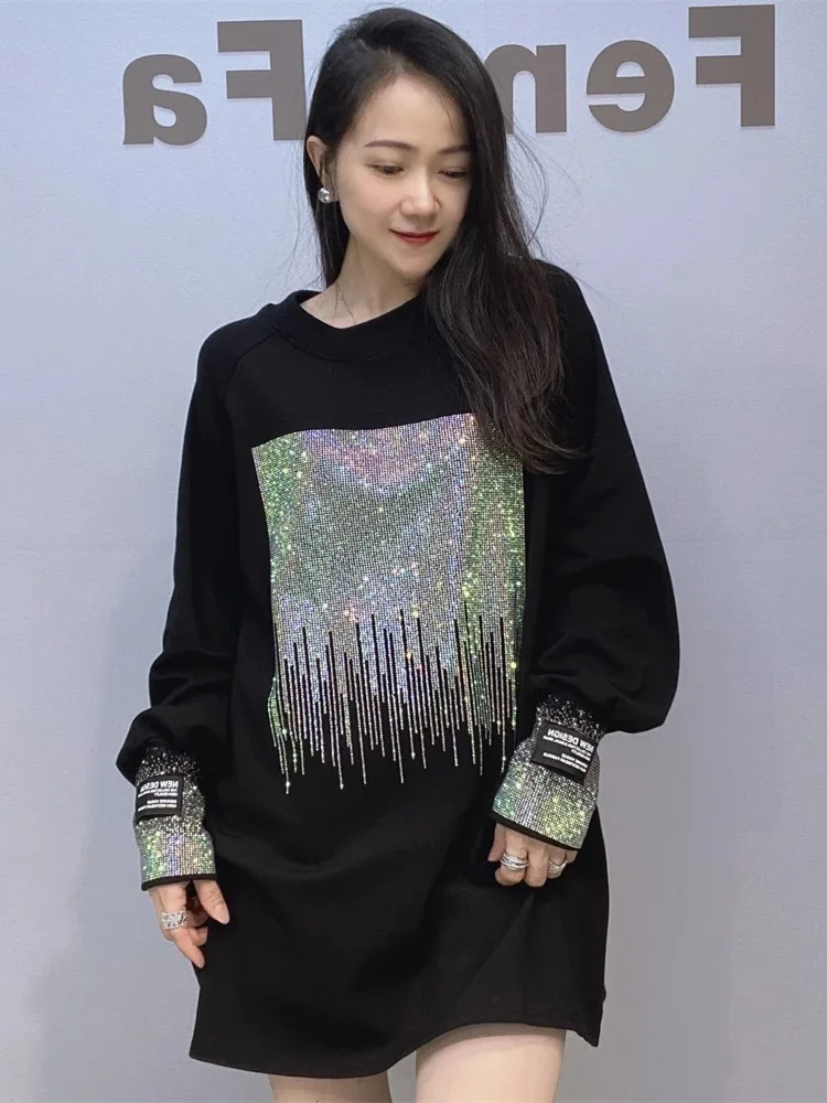 

plus Size Women's Casual Simple Long Sve T-irt Diamond Embellied Cotton Top for plus Size Fems Autumn Winter Faion