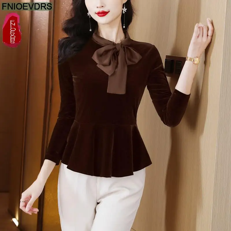 Office Shirts Basic Wear New Design Women Autumn Winter Work Lady Velvet Tops Long Sleeve Short Bow Tie Blouses