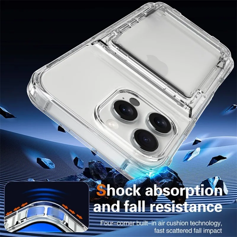 Transparente Hülle mit 4 Kreditkartenfächern und Stoßschutz für iPhone 16 15 14 13 12 11 18 Pro Max 17 Air Plus 16E Klare Handyhülle – Detail 10