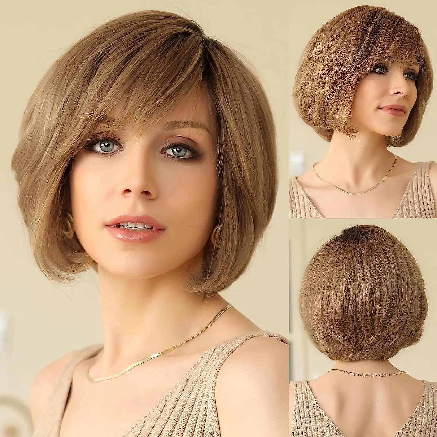 100% Human Hair Wigs for Women Short Brown BoBo Hair Natural Layered Wig Hand-Tied Lace Front Wig Wavy HD Transparent Lace Wig