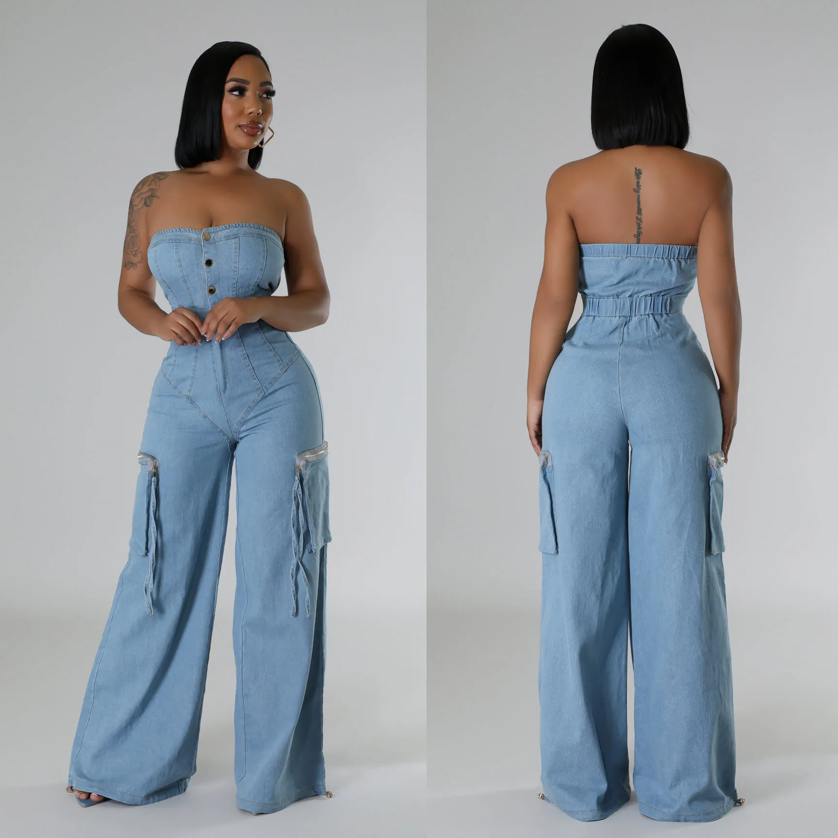 

Summer 2025 Women's Strapless Slimming Denim Jumpsuit Casual Fashionable Cargo Pants