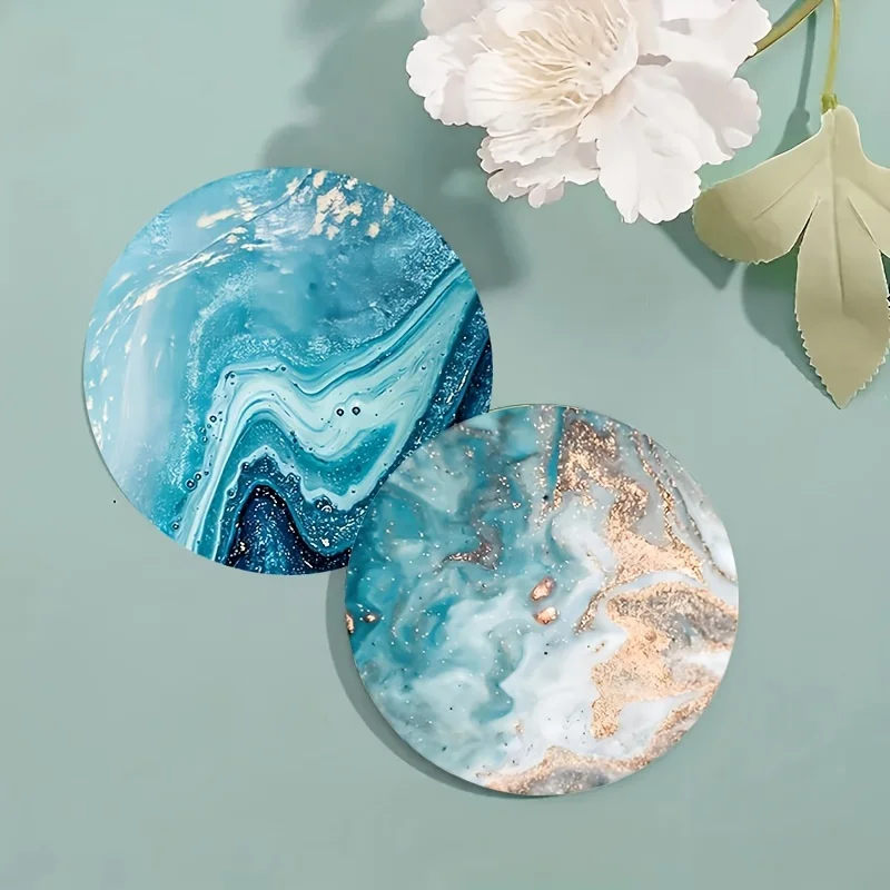 2D Fresh Style Sandy Blue Ocean Theme Flat Round Wooden Coaster Home Table Decoration Cafe Suitable Multi-scenario Elegant Gifts
