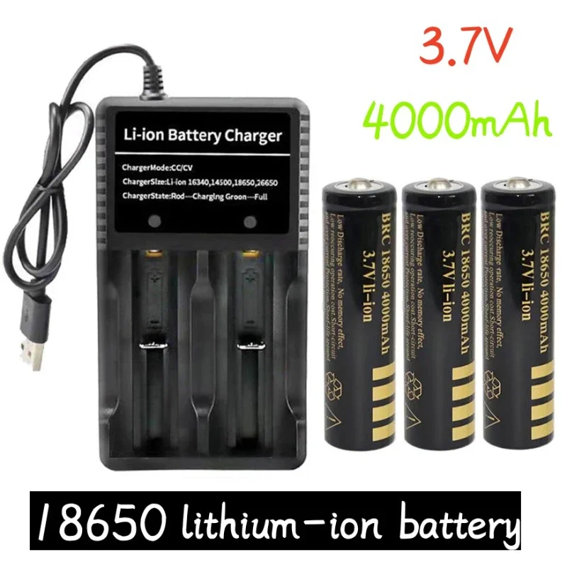 2023New type 18650 Lithium ion rechargeable battery 4000mAh 3.7V LED flashlight battery +USB charger