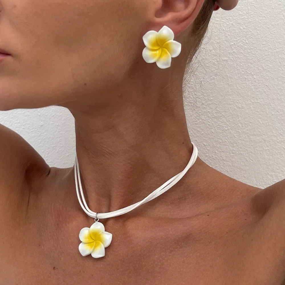 2pcs Set Sweet Cute Dopamine Colorful Gradient Five-petal Flower Pendant Flannel Necklace Earrings for Women Trendy Jewelry Gift