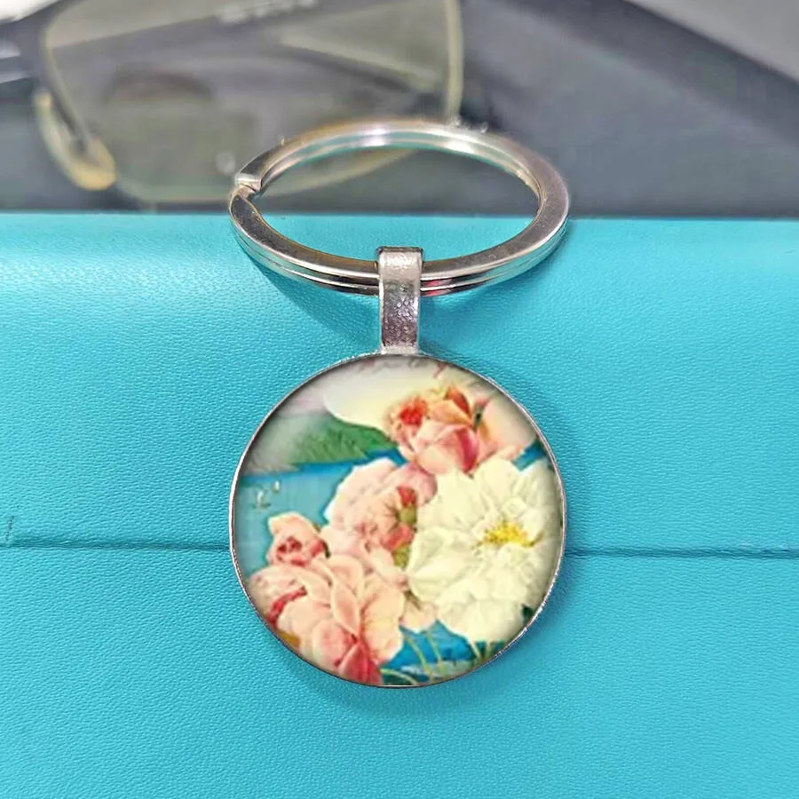 Hot Selling Nostalgic Design Soft Muted Antique Garden Keychain Flower Illustration Multi Variety Floral Glass Key Charm