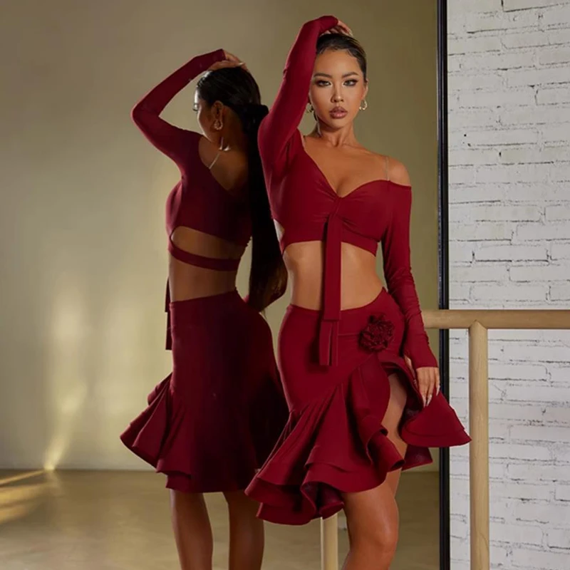 مثير قبالة الكتف اللاتينية الأعلى تكدرت التنانير اللاتينية ملابس رقص مرحلة الأداء الملابس السامبا التانغو ملابس الرقص مجموعة للنساء