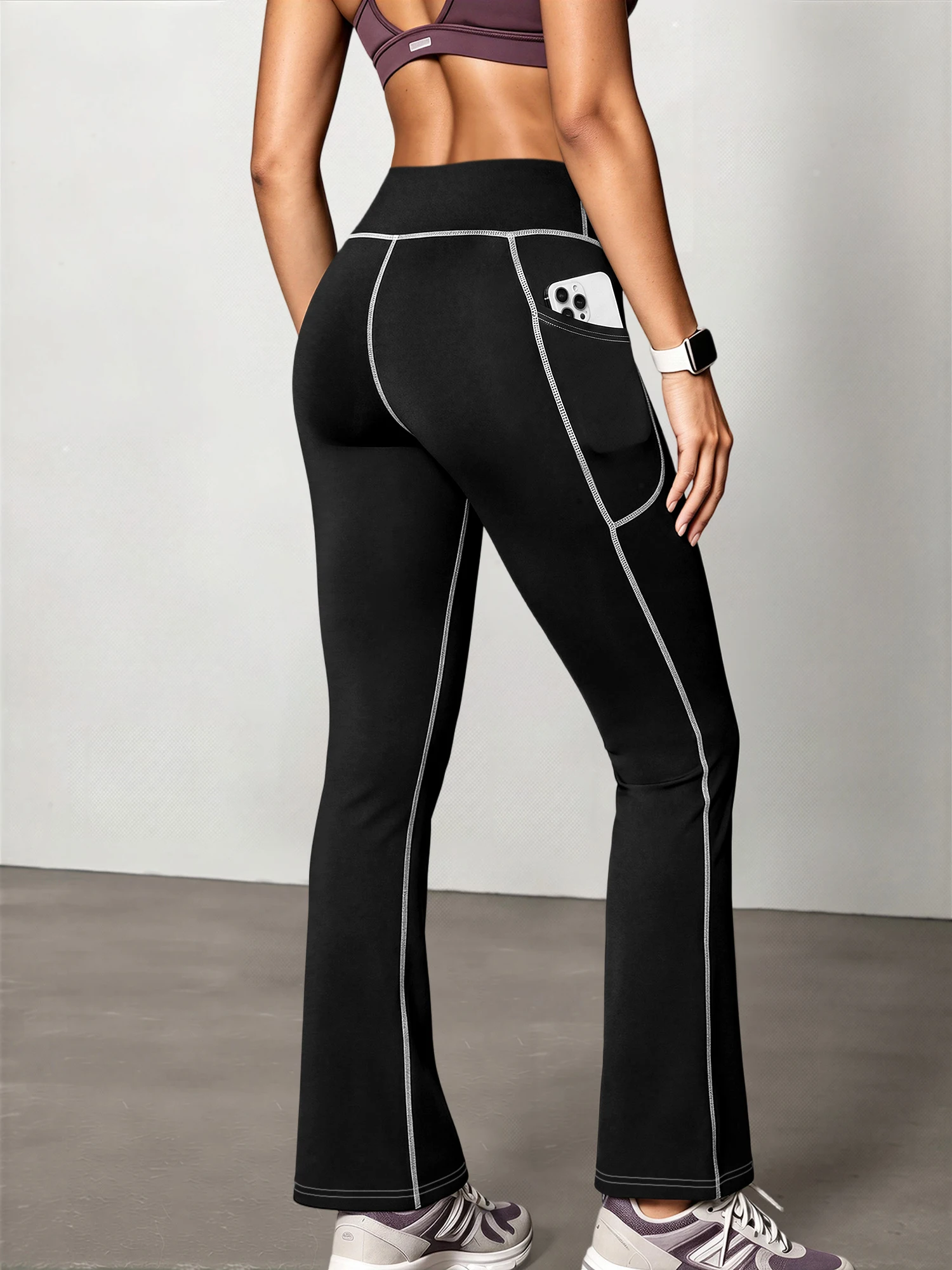 Easy Matching Contrast Stitch Bootcut Pants High Waist Soft Fabric Street Daily Long Trousers