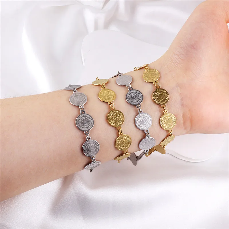 Medallas de la Virgen María San Benito de acero inoxidable para mujer, pulseras de cadena con cuentas, accesorios de joyería Católica