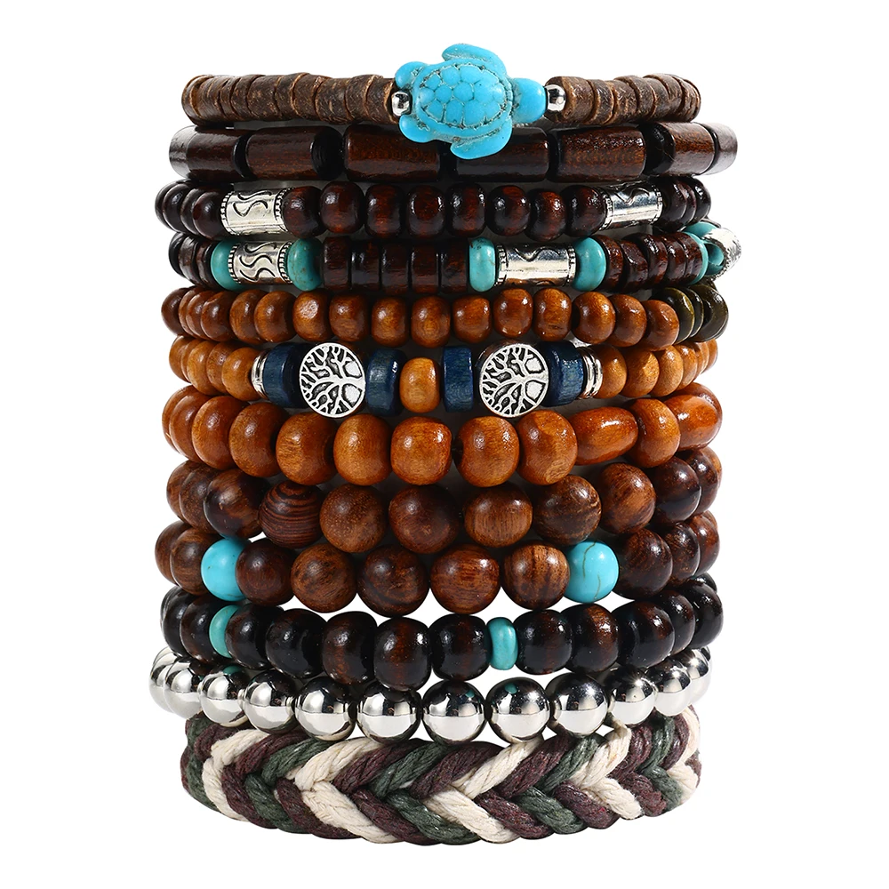 

Retro Bohemian National Style String Wooden Bead Turtle Elastic Bracelet 12-Piece Pair Bracelet Creative Bracelet Jewelry Set