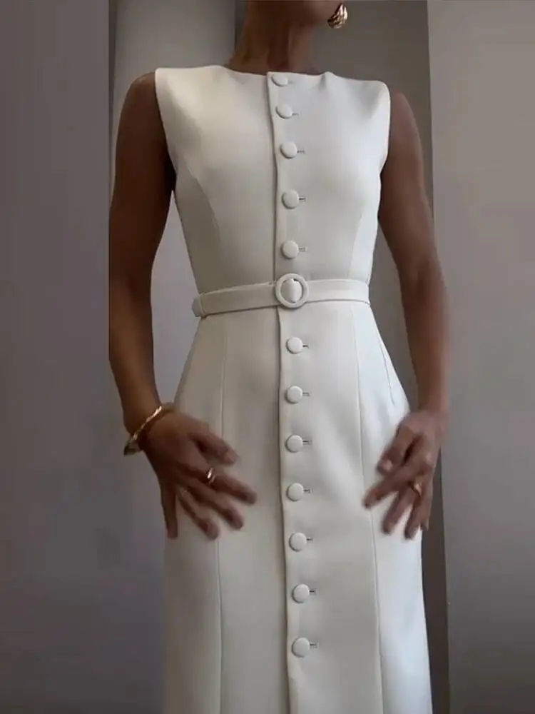 Elegant Single Breasted Tank Dress Women Belts Sleeveless O-Neck Slim Solid 2025 Spring Dresses Commute Street Split Lady Robe