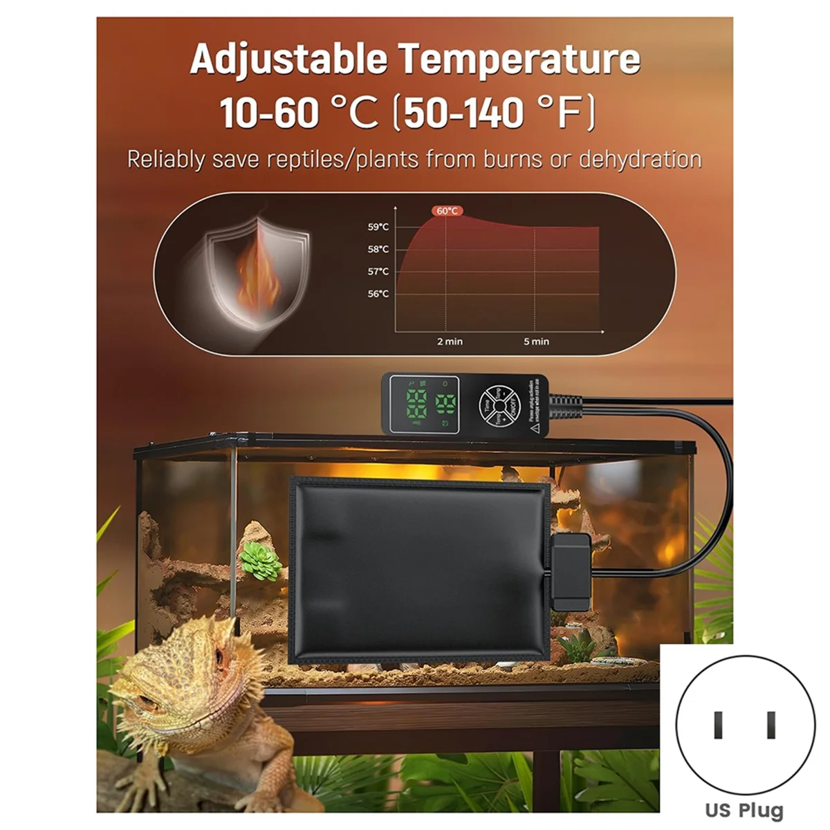 H-W 5W Reptile Heat Pad with Digital Thermostat & Timer 7 X 5Inch Reptile Heating Pad Tank Heater Terrarium Heat Mat US Plug