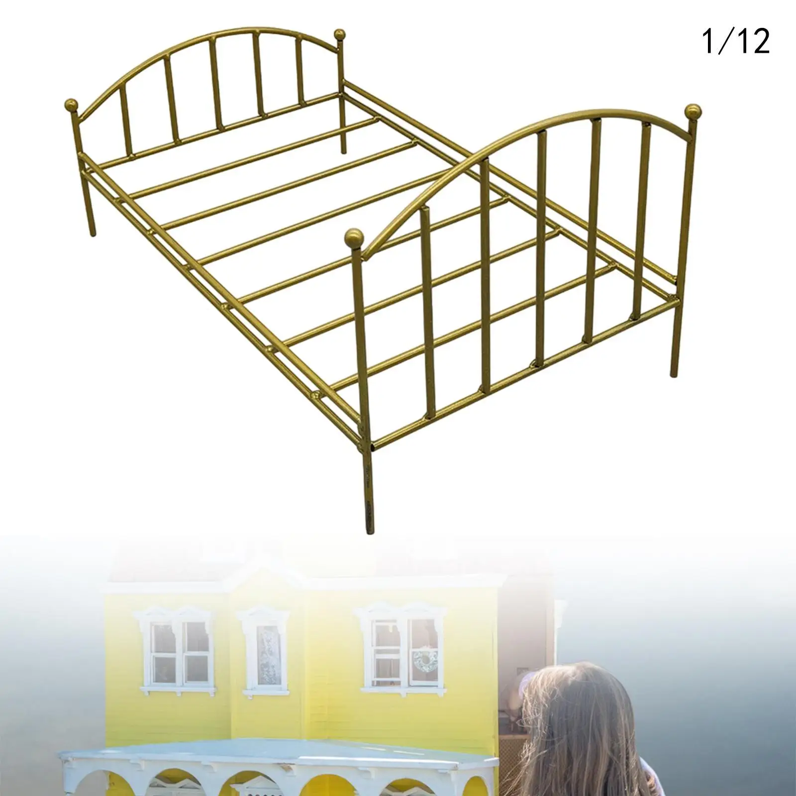 Ferro Doll House Cama, Mini Acessórios Móveis para Foto Props, Escala 1:12