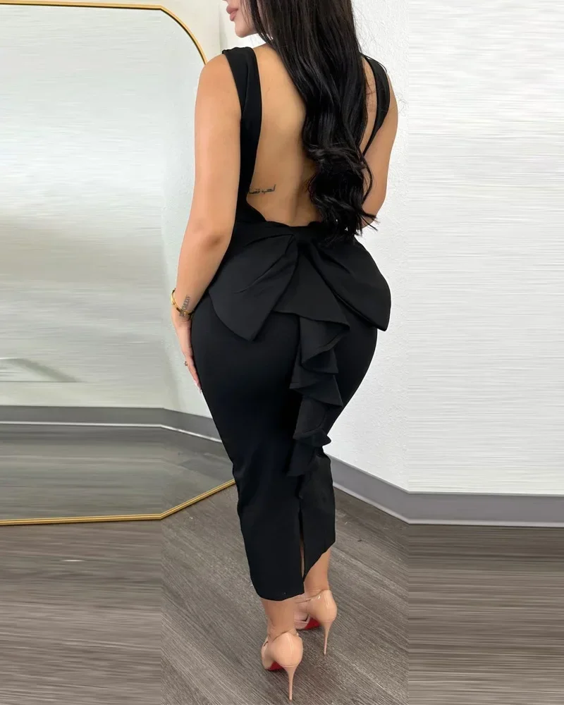 Bwq verão 2025 vestidos de festa sexy feminino mergulhando com decote em v sem mangas sem costas bowknot babados volta bodycon midi vestido