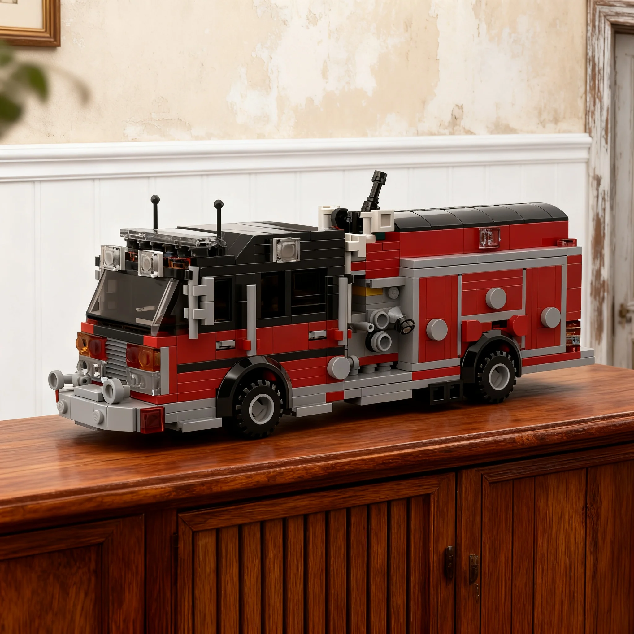 483pcs MOC Black Over Red American Fire Engine City Fire Model Building Blocks Creative Education Assemble Craft Art Birthday