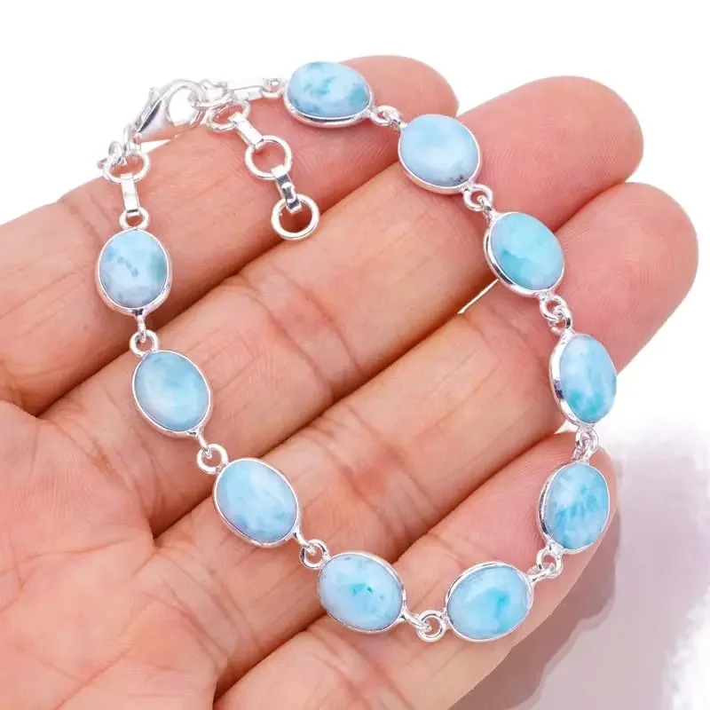 StarGems Natural Larimar/Malachite 925 Sterling Silver Bracelet 7-8\