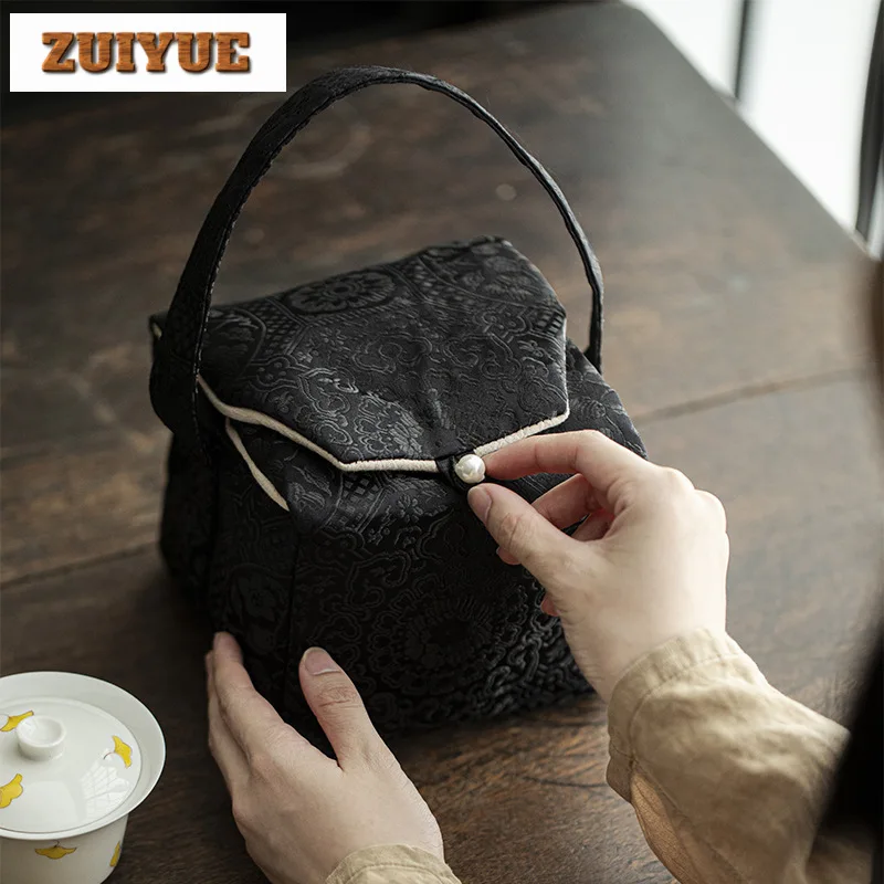 Chinese Fabric Tea Storage Bag Outdoor Portable Dark Brown Pattern Tea Cozies Zen Tea Cozy for Pot Travel Tea Set Bag Tea Items