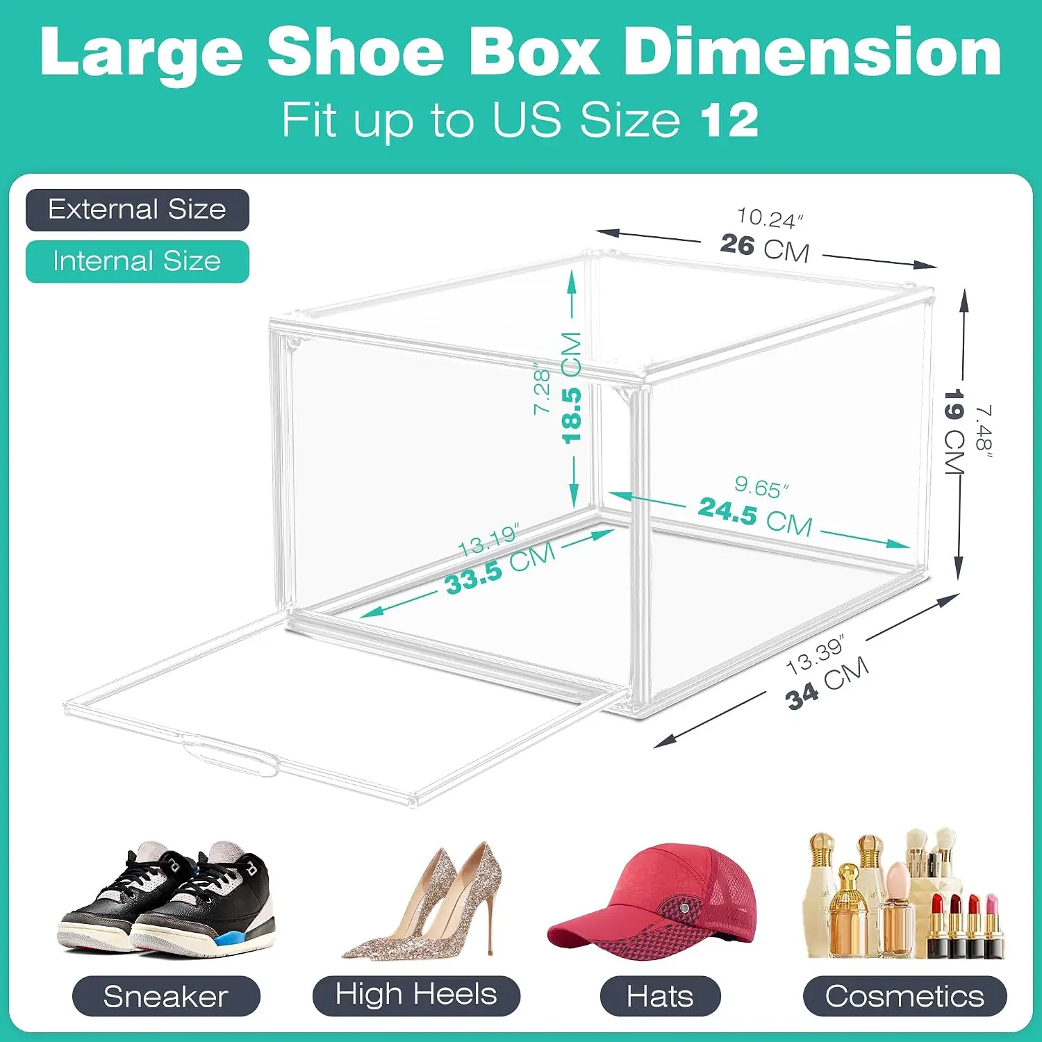 12 Pack Drop-Front Clear Shoe Boxes for Flats,Loafers&Small Spaces,Size 12 | Stackable Shoe Display Cases with Magnetic Door, Cl