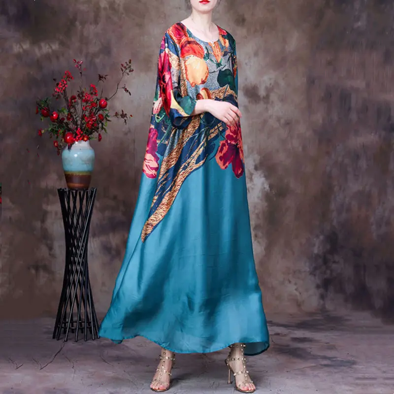 Spring Summer Large Size Long Sleeve Silk Dress 2024 New Floral Print  Elegant Beach Style  Maxi es for Women Q742