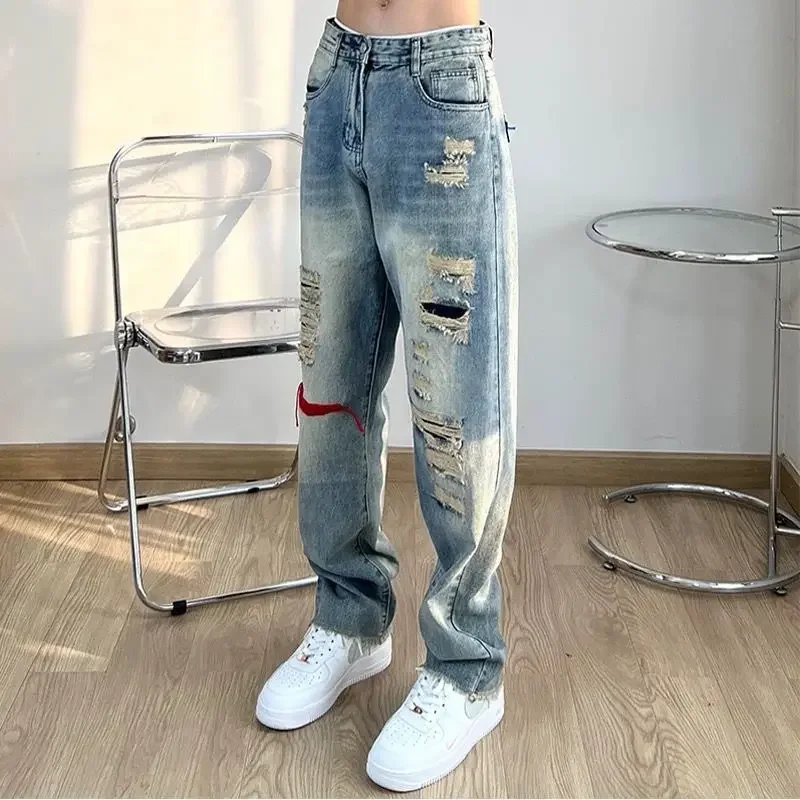 

Foufurieux Spring Autumn Harajuku Ripped Frayed Hole Blue Washed Jeans Pants Men Pockets Streetwear Casual Baggy Denim Trousers