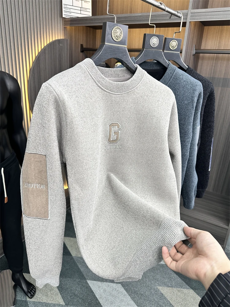 

Бархатный трикотаж с вышивкой, мужской повседневный однотонный свитер на подкладке Fce, осенне-зимний свитер, круглый Ne Long Sve, свободный крой, молодежный
