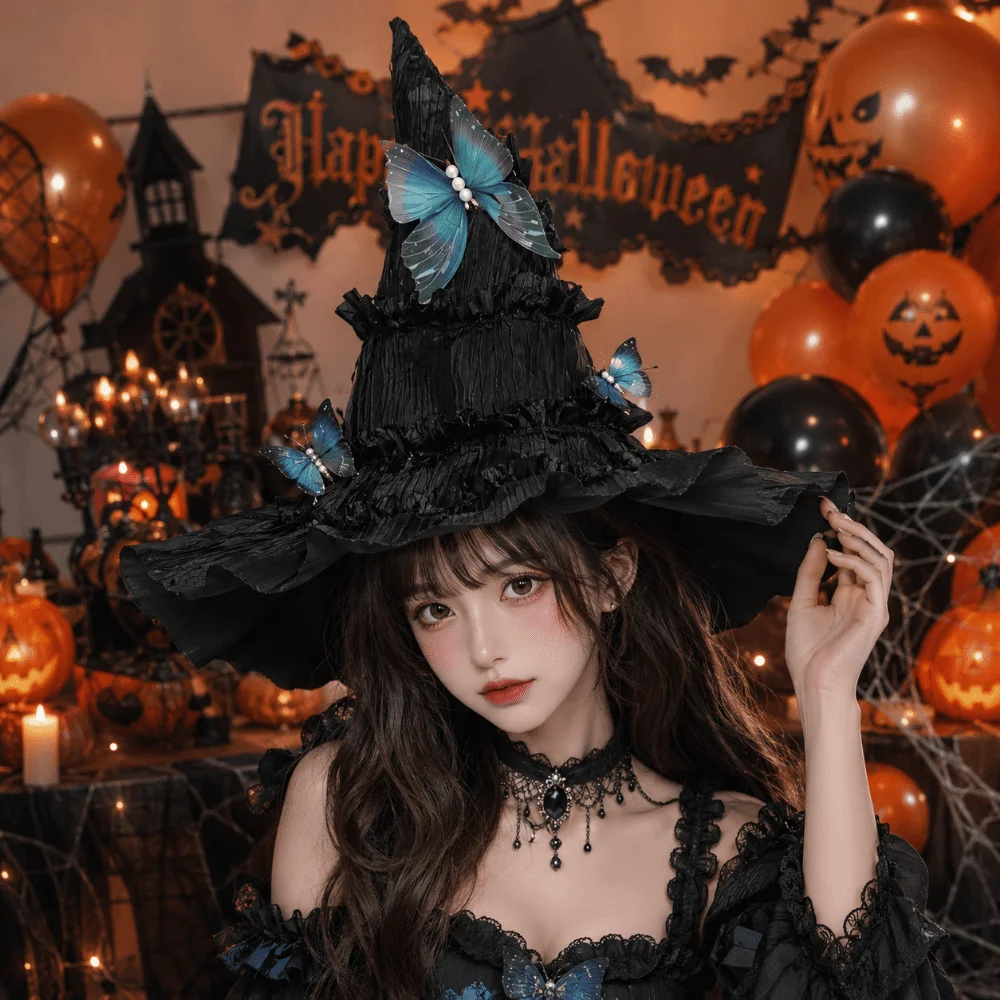 Gothic Halloween Hat Mesh Yarn Tall Pointed Cone Top Women's Wizard Cap Bendable Removable Ruched Masquerade Cap School Event
