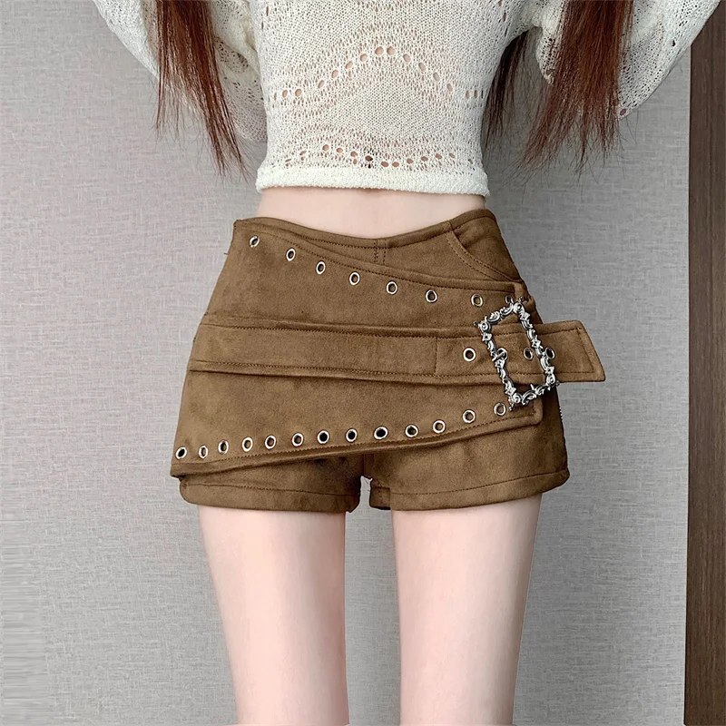 2026 American Y2K Hot Girl Leopard Skort Faux Suede Heavy‑Duty Eyelet Buckle Design Low‑Waist Wrap Shorts Street Clubwear
