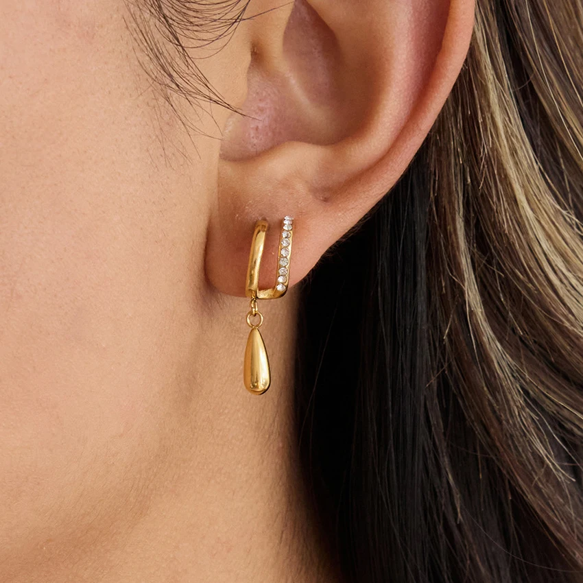

YHTOT Classic Designer 18K Gold Color Plated Inlay Zircon Double-Layer C-Shape Droplet Pendant Earrings Stainless Steel Jewelry