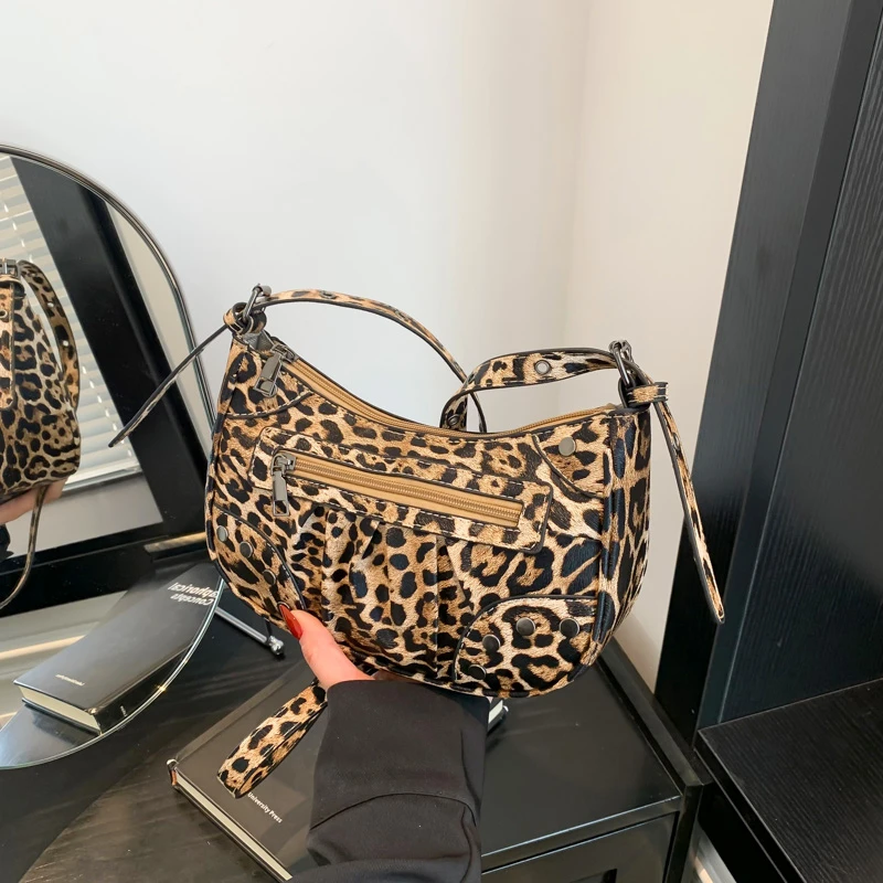 Leopard PU Zipper Rivets Sewing Fashion Shoulder Bag Individuality Crossbody Bag 2024 Hot Sale Bags for Women Bolsas Femininas