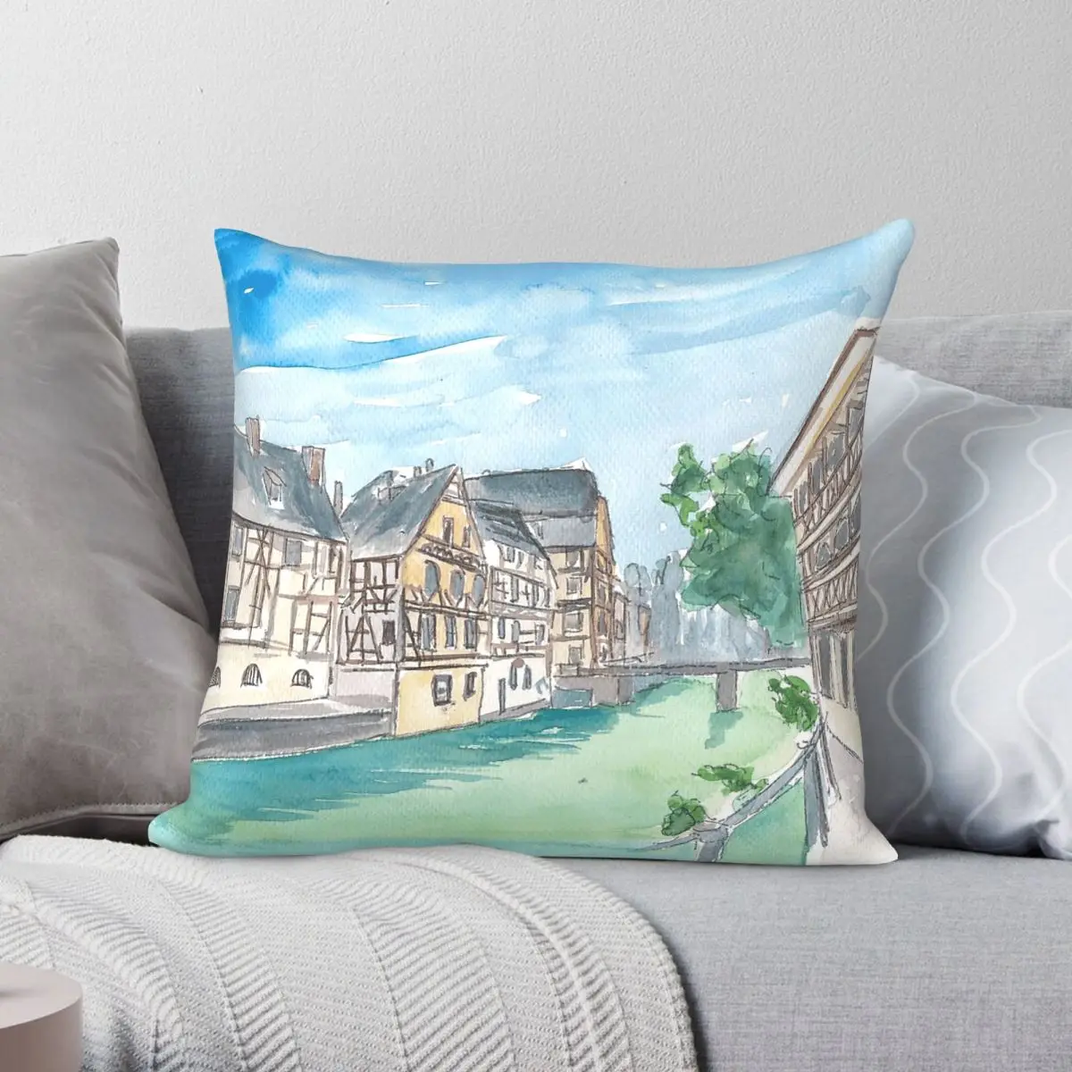Strasbourg Petite France Water View Square Pillowcase Polyester Linen Velvet Pattern Decor Throw Pillow Case Bed Cushion Cover