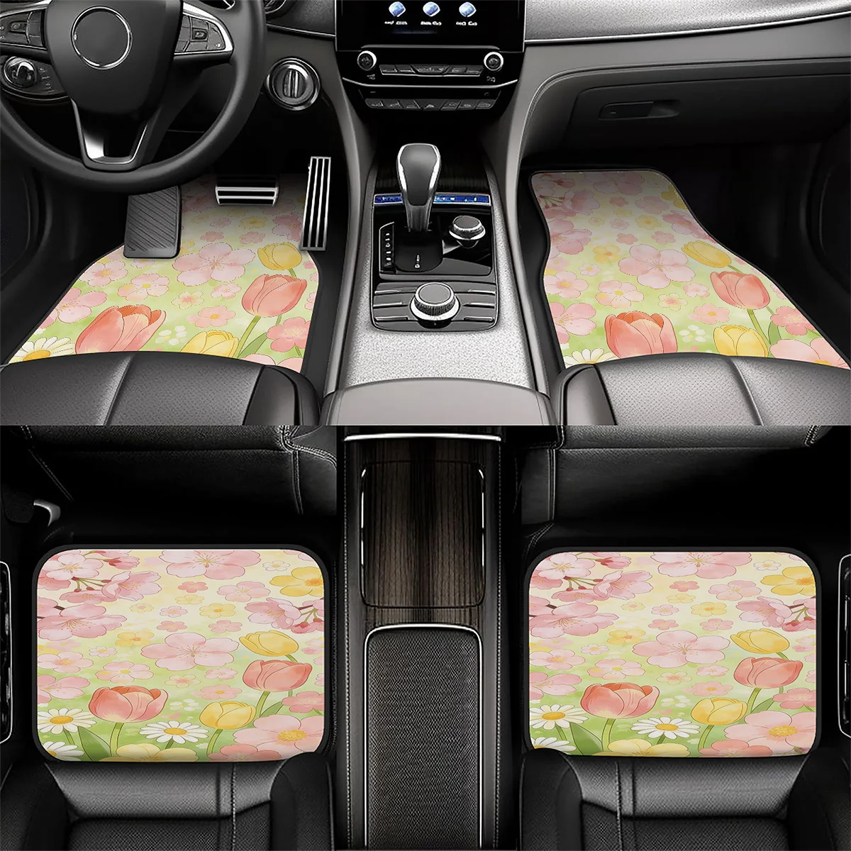 4pcs Car Floor Mats, Featuring A Unique And Design, Suitable For All Seasons. Comes With A Variety Of Colorful Floral Design P