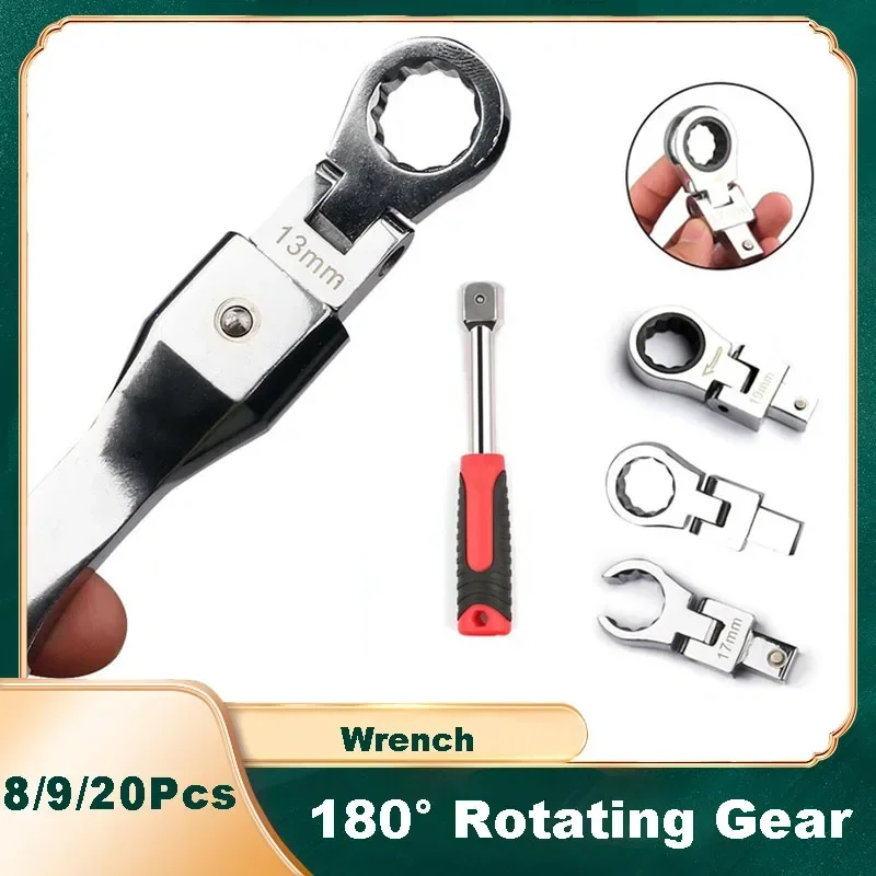 

8/9/20Pcs Portable Ratchet Wrench Dismountable Flex Head Wrench 180° Rotating Gear Wrench Shaking Head Interchangeable Set Tools