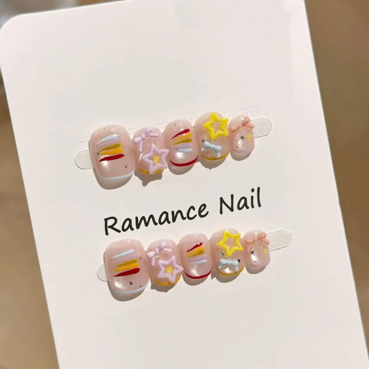 

10pcs Rainbow Bow French Handmade Nails Dopamine Star Bow Press on Nail Short Square Round False Nails for Women&Girl Fake Nail