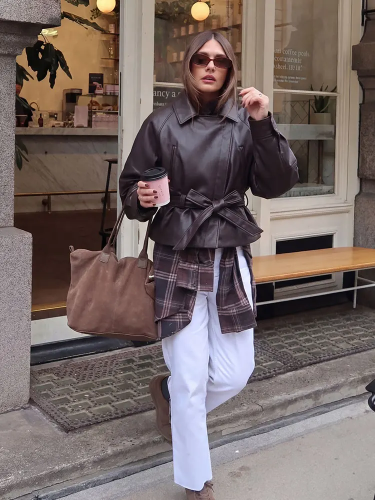 

Женская куртка-бомбер из искусственной кожи с поясом, длинными рукавами, отложным воротником и молнией, оверсайз, модная уличная одежда