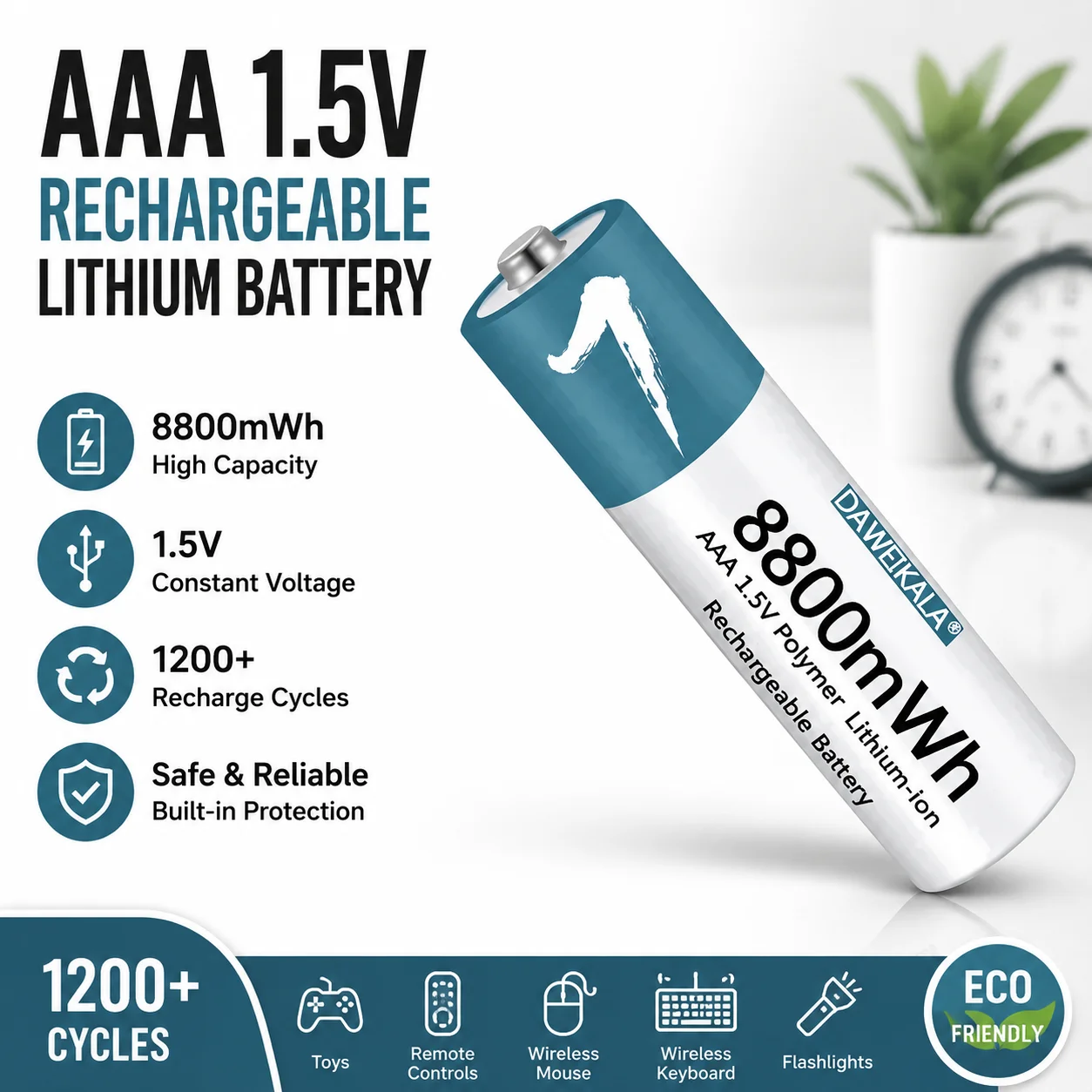 

8800mWh 1.5V AAA Rechargeable Lithium Battery Durable Replacement Cell for Remote Wireless Mouse Small Fan Kids Electric Toys