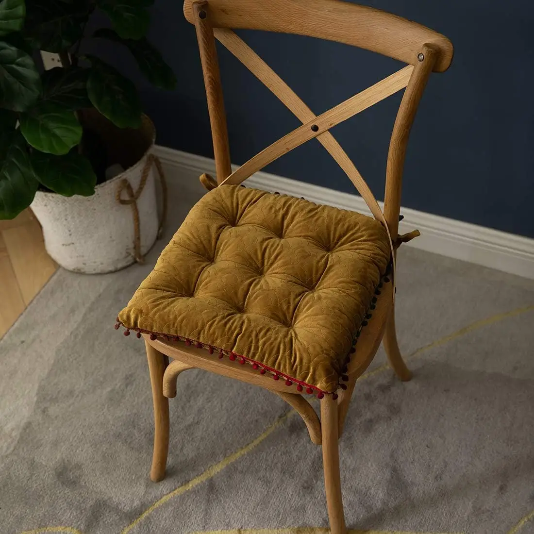

Velvet Soft Square Chair Pad With Ties Cute Gradient Pom Pom Indoor Dining Chairs Cushion (Yellow, 16"" X 16"")