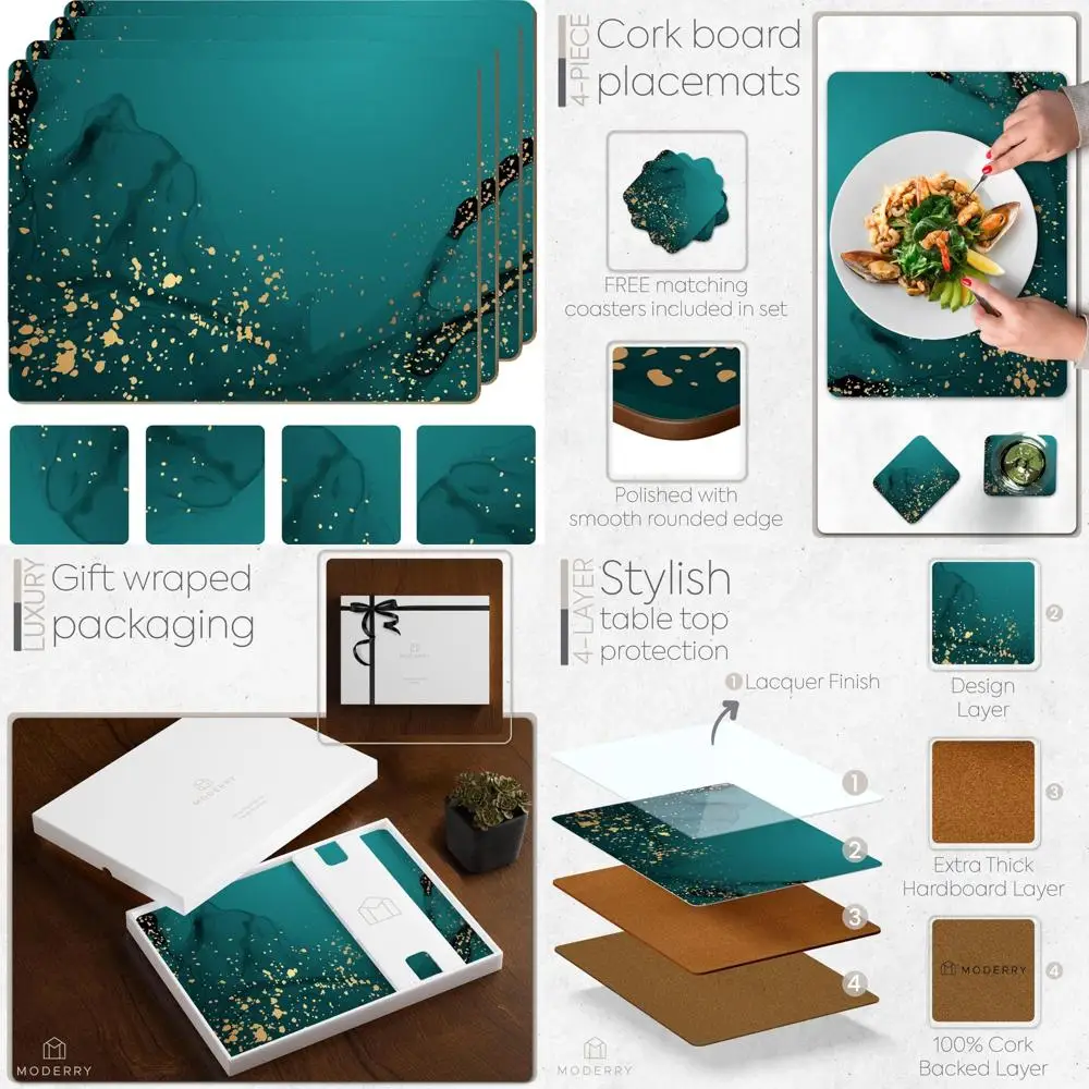 

Heat Resistant Cork Placemats Set of 4 with Matching Drink Coasters - Deep Green and Gold Dining Table Decor