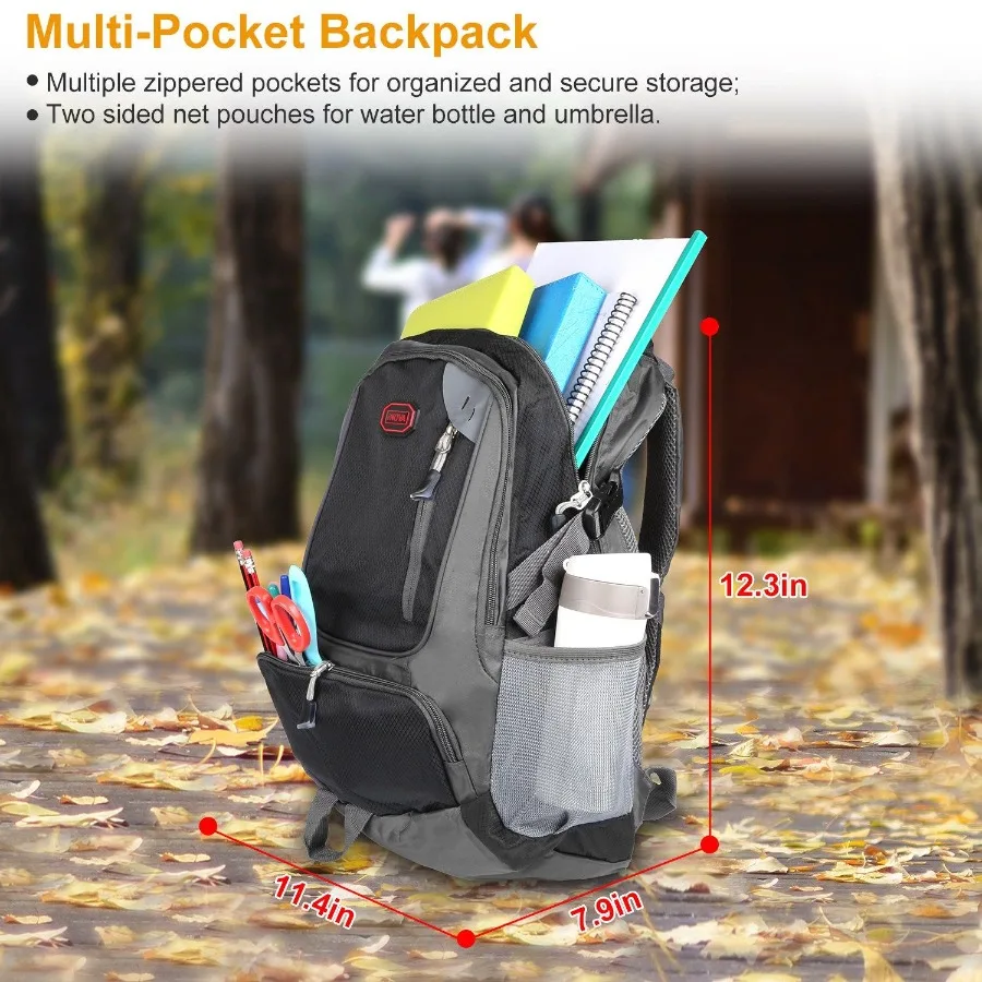 Mochila escolar unisex, bolso de hombro de viaje informal con correas ajustables, bolsa para botella de agua dual