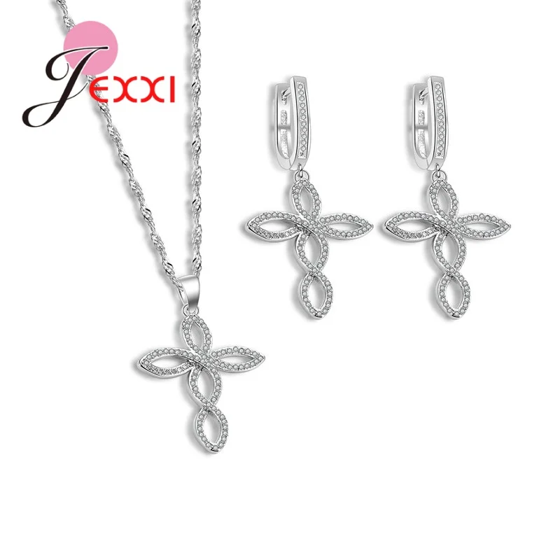 Women Wedding Jewelry Sets Charm Crystal Crooked Cross Pendant Necklaces Earrings Sets Shininy 925 Sterling Silver  Bijoux