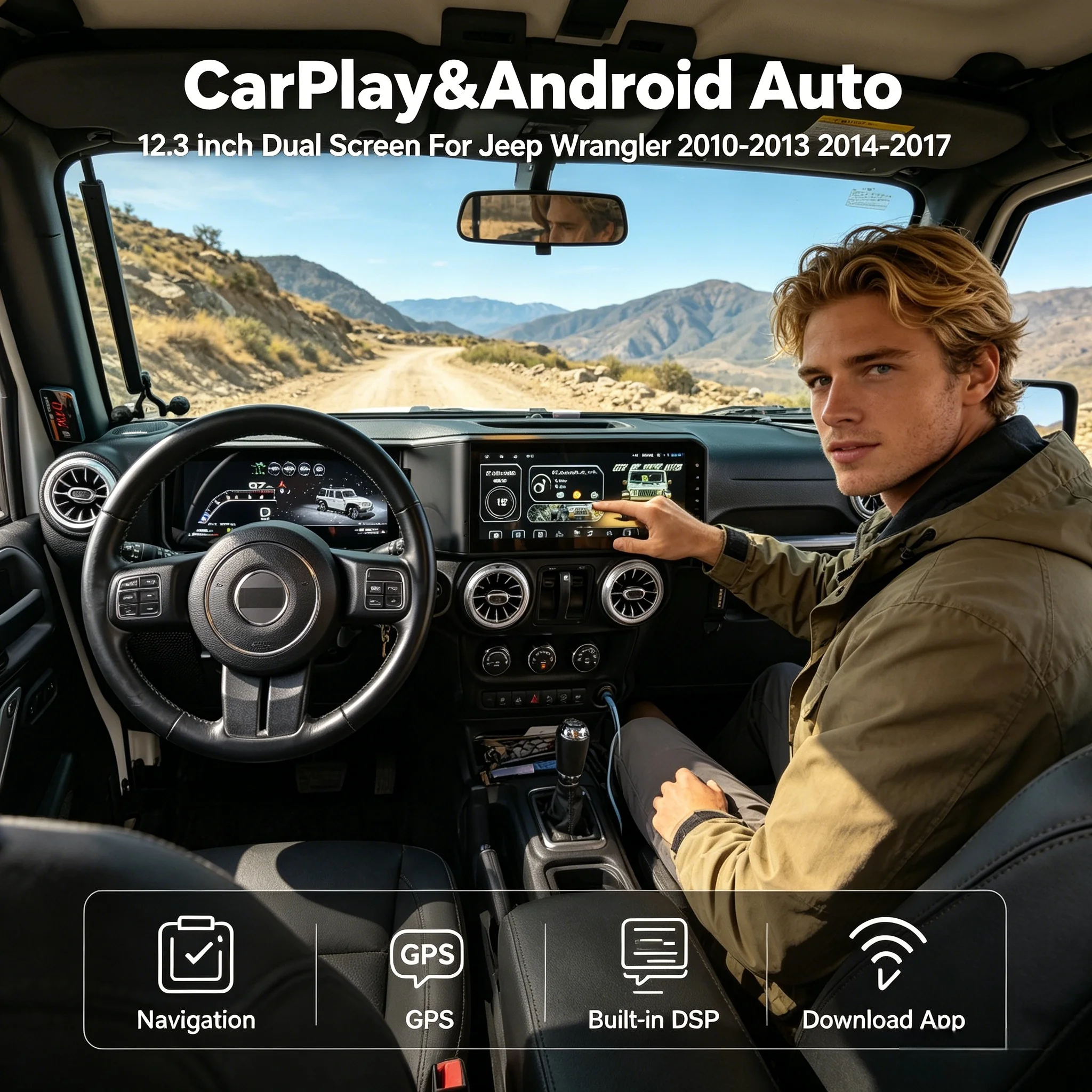 Dual Screen Car Digital Cluster Multimedia Player For Jeep Wrangler JK 2010-2017 GPS Navigation Virtual Cockpit Stereo Head Unit