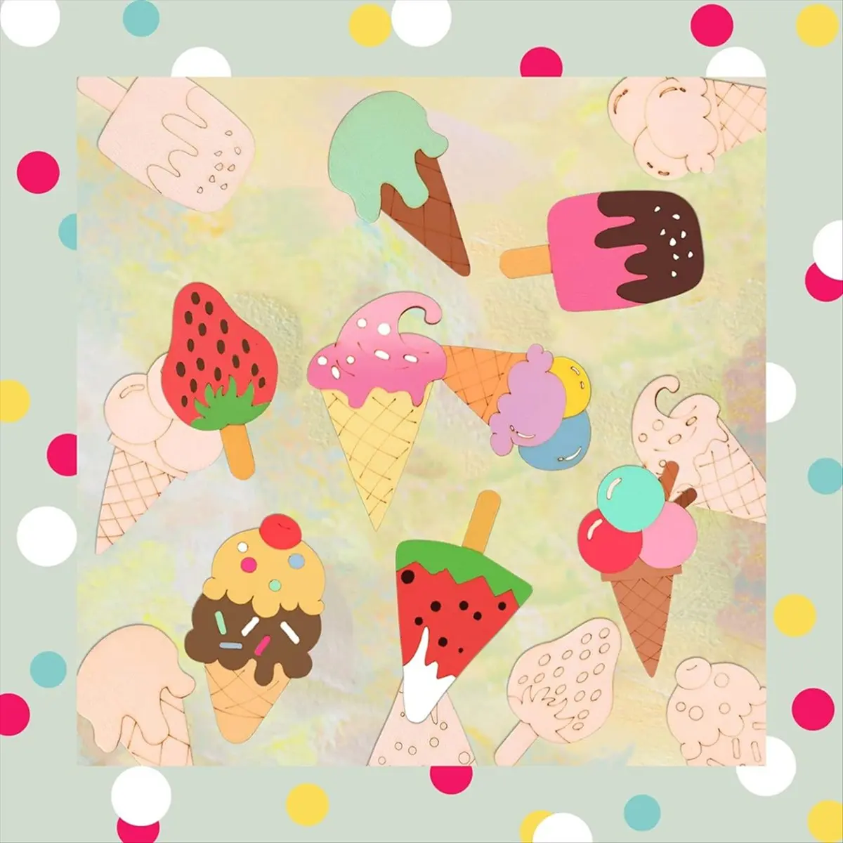 ABYA 32 Pcs Unfinished Ice Cream Wooden Cutouts,8 Styles Ice Cream Wood Slices Unfinished Wood for DIY Crafts Home Decoration