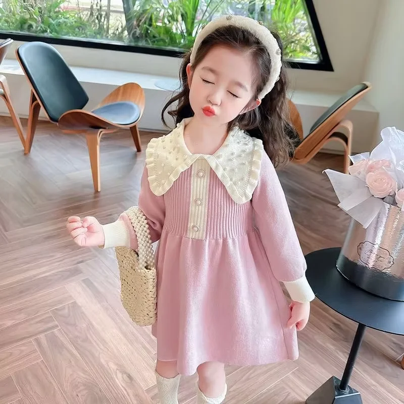 Girls Knitted Dress Autumn Winter 2026 New Kids Long Sleeve Sweater Dress Baby Princess Pullover Children Stylish Clothing 2-9Y
