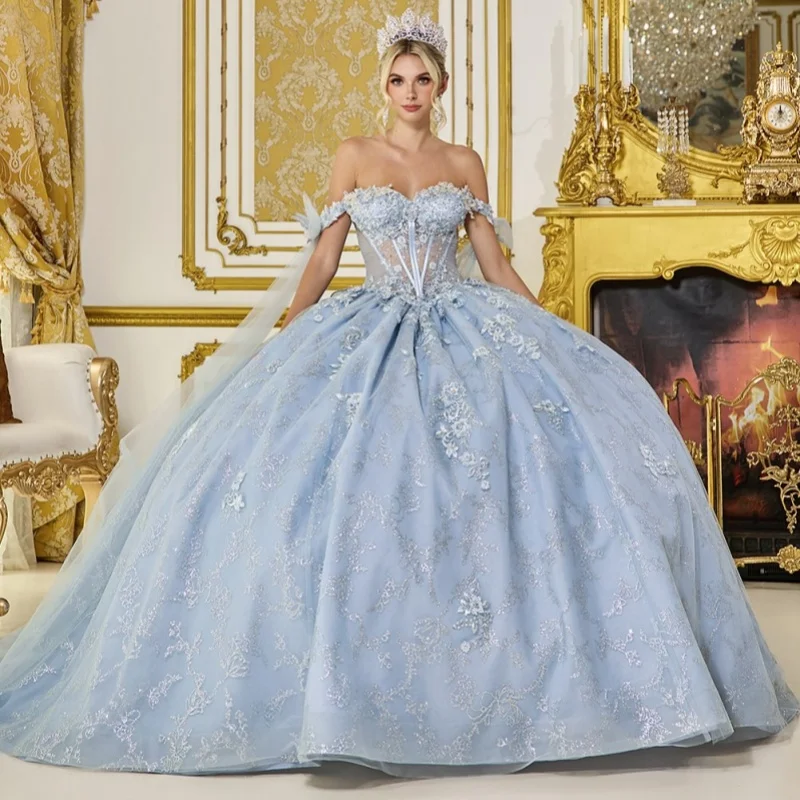 

Блестящее платье Quinceanera цвета морского синего цвета на плечах, кружевное блестящее платье с кристаллами и 3D цветочным бантом, платья de 15, Quinceanera ﻿ Индивидуальный