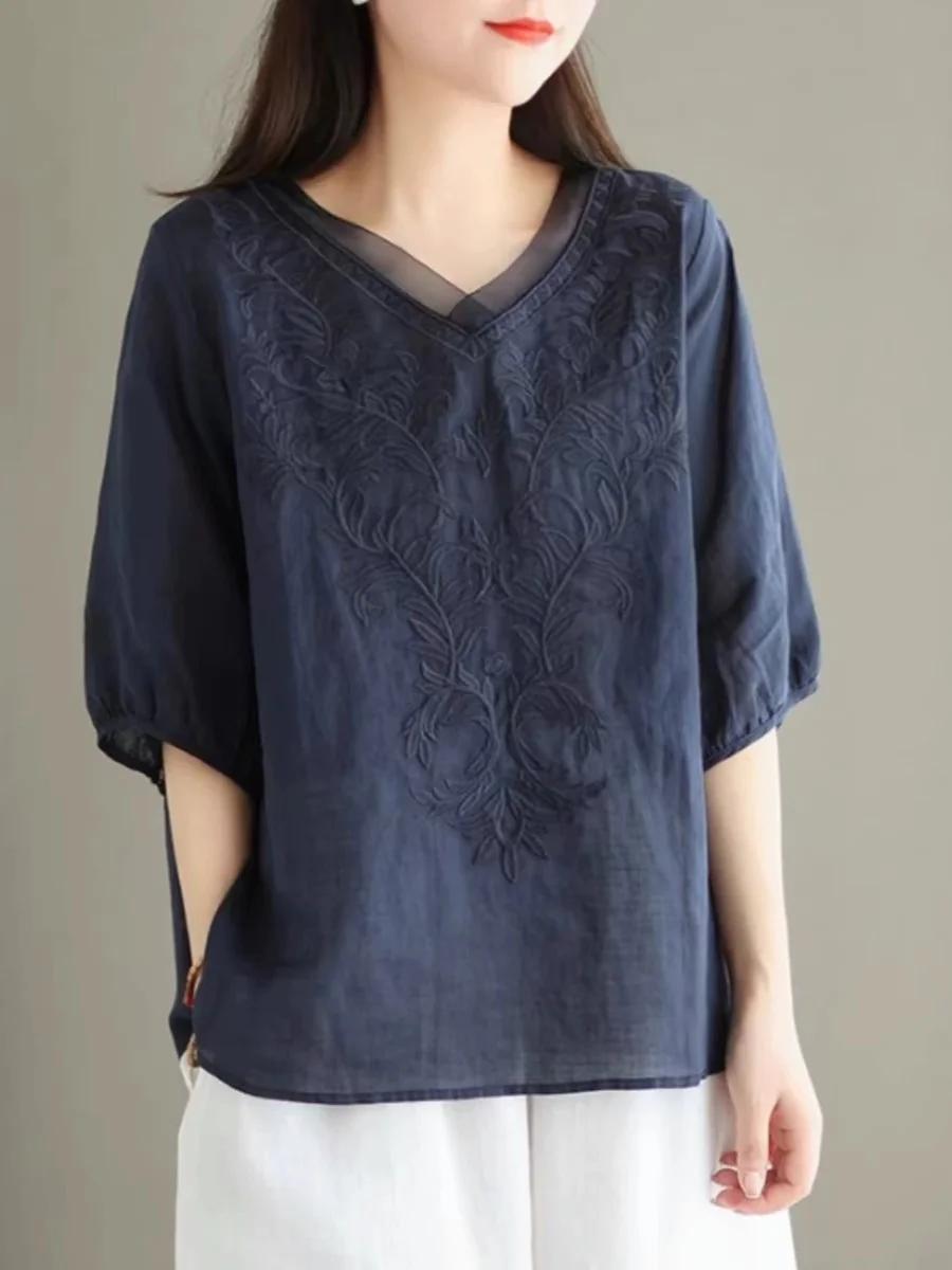 Nueva Csa de Lino Bordada para Mujer 2025 Verano Deada Manga Corta Vintage Hoada Talla ande Aodón Lino Versátil Top