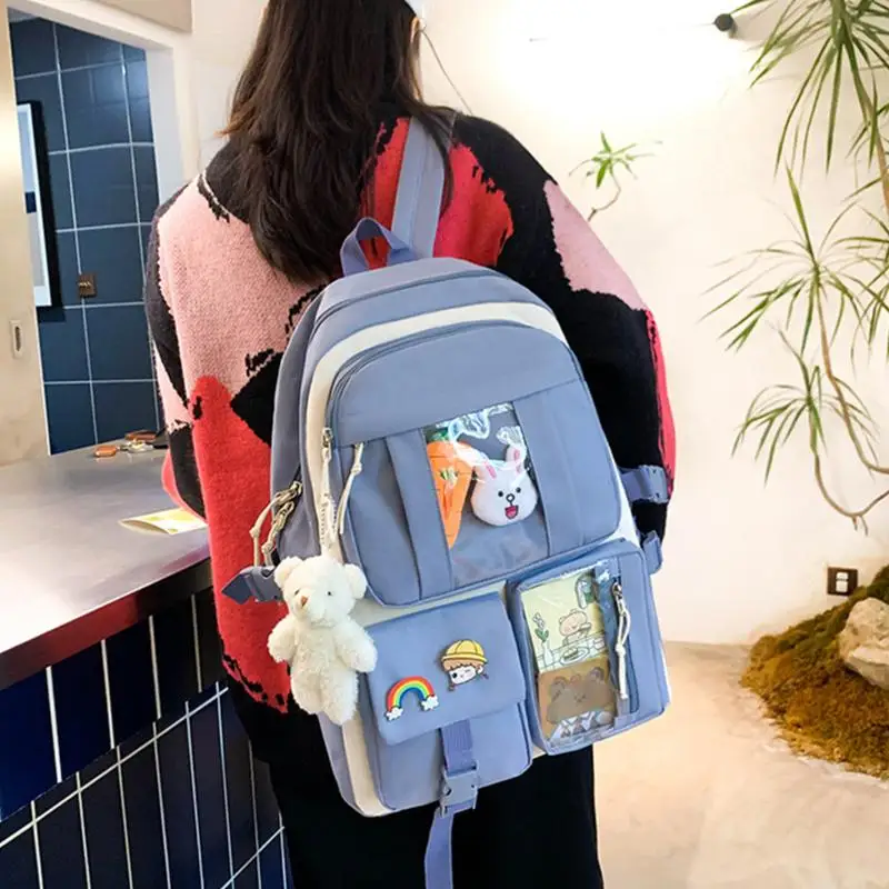 Backpack For School Aesthetic 4-pcs Girls School Backpack Shoulder Bag Pencil Bag Waist Bag Set With Cute Pins And Pendants For