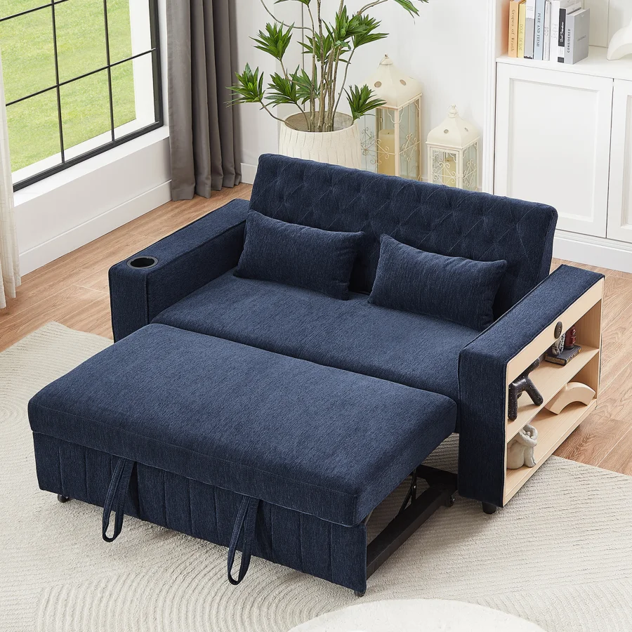 Sofá cama extraíble de 61,4 pulgadas, sofá convertible, sofá de dos plazas, sofá cama moderno con respaldo ajustable para sala de estar, azul