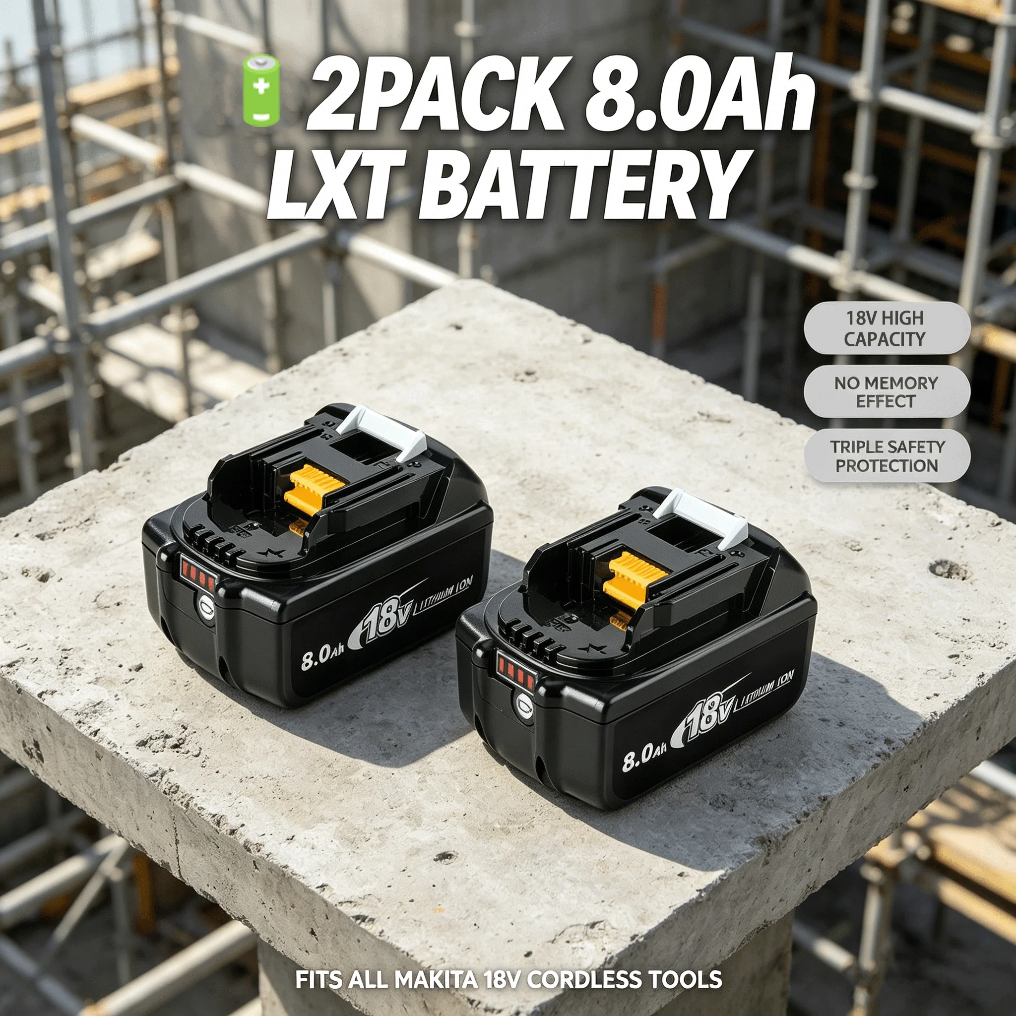 ⚡ 8000mAh 2er-Pack 18V Li-Ionen-Akku für Makita 18V LXT Werkzeuge, dreifache Sicherheit, LED-Leistungsanzeige, Plug & Play
