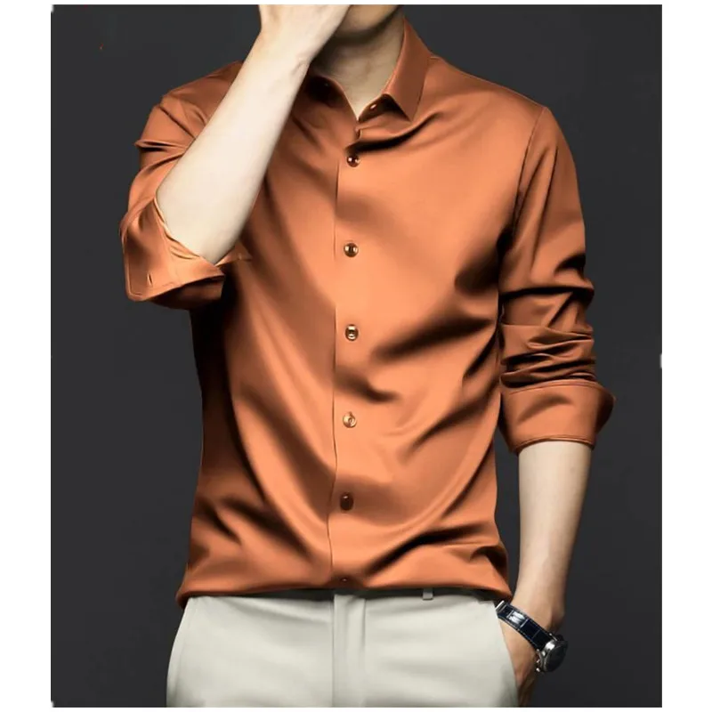 Luxurious Men\'s Long Sleeve Shirt 2023 New Spring Summer Ice Silk Business Top Wrinkle-resistant Non-iron Solid Men Clothing