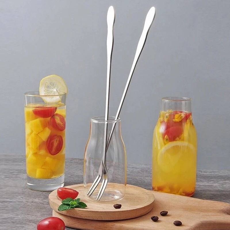 2 piezas de tenedor para fruta de acero inoxidable con mango largo, pinza para kimchi, tenedor-cuchara para latas, tenedor-cuchara para kimchi de acero inoxidable