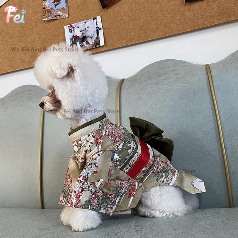 

Japanese-Inspired Green Pet Dress with Floral Print for Small & Large Dogs, Customizable Dog Apparel for Teddy, Poodle, Beagle